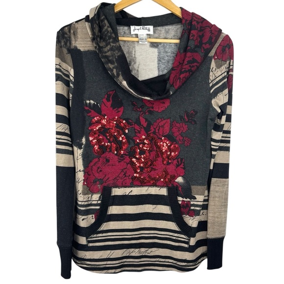 VTG 90’s Joseph Ribkoff Striped Cowl Neck Hooded Floral Sequin Print Hoodie 10 - Picture 8 of 8